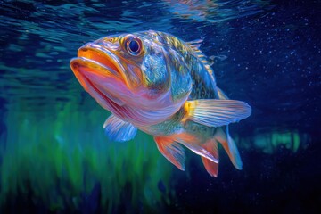 Underwater Rainbow Fish: A vibrant and detailed depiction of a solitary, brightly colored fish gracefully suspended underwater, its scales shimmering with an array of captivating hues.