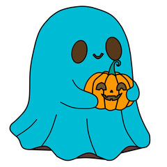 Cute Ghost Holding Pumpkin Jack-o’-Lantern – Halloween Illustration