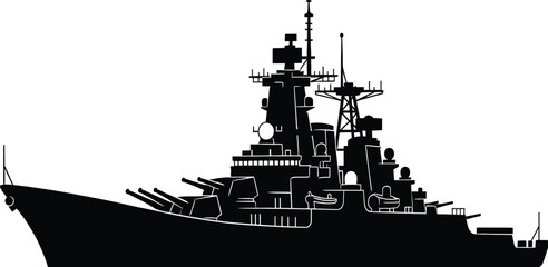 Silhouette of a modern military battleship with cannons and radar towers warship navy
