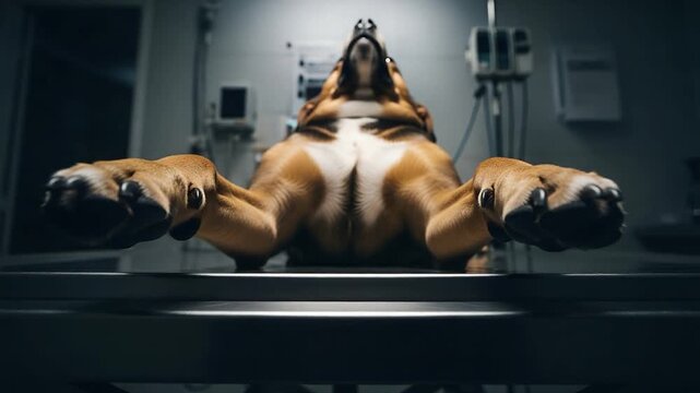 Dog lying on back veterinary examination table