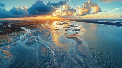 Panoramic view of a tidal river delta at sunset
