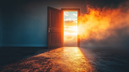 Open door to a sunlit sky, smoky, dramatic