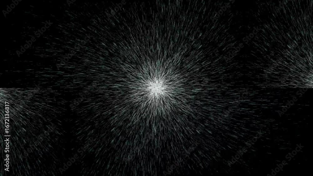 Poster abstract particle burst animation on black background.