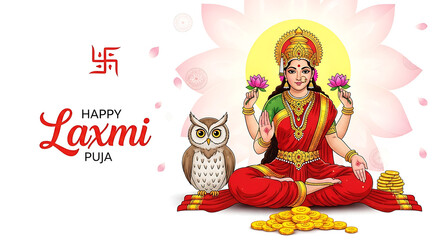 Happy Laxmi Puja with Goddess Lakshmi, Owl, and Swastika Symbol