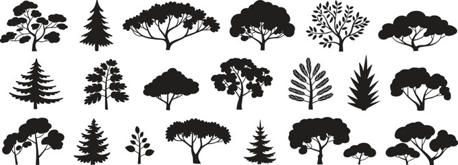 Tree silhouette collection, black vector trees, forest design elements, nature illustration, eco background, decorative plants, abstract tree shapes, landscape art, botanical clipart