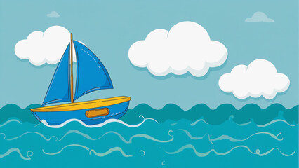 Naklejka premium Blue Sailboat Floating on Wavy Ocean with White Clouds in Simple Cartoon Style