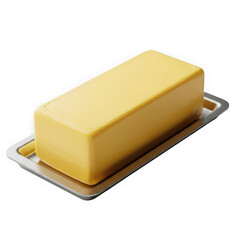 A solid block of yellow butter isolated on transparent background, presented on a silver butter dish, ready for cooking or spreading