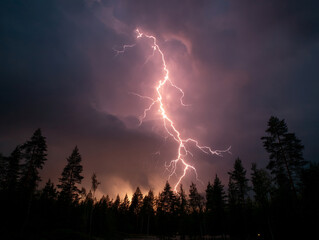 Dramatic lightning strikes over a dense forest during a summer storm at dusk in a remote location