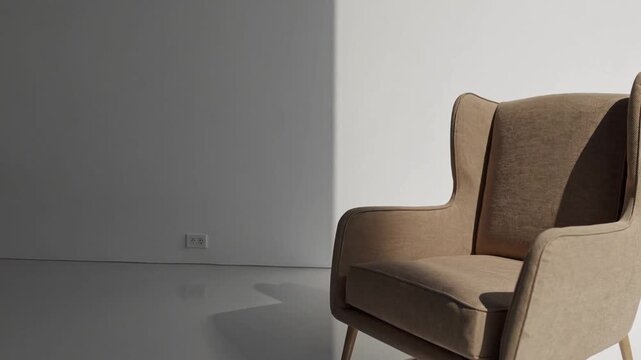comfortable and stylish light-toned upholstered chair positioned before plain pale wall, serving as interior design template with allocated space for ry
