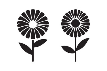 Simple Floral Design Set of Two Chrysanthemum Flowers and Leaves on Stems