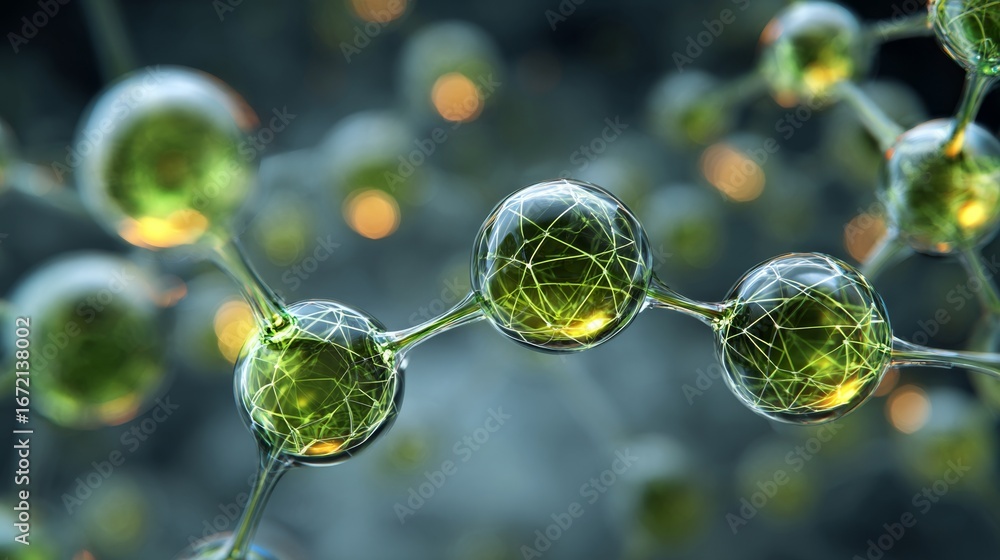 Poster glowing green molecular structure with translucent spheres and interconnected nodes against a soft b