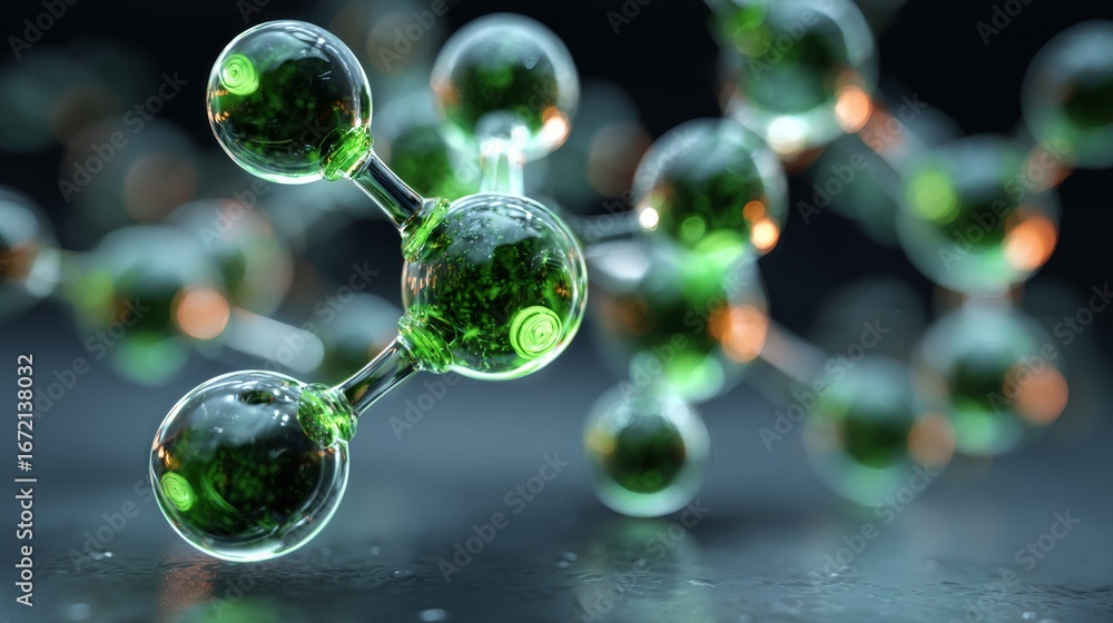 Poster glowing green molecular structure with translucent spheres and interconnected nodes floating against
