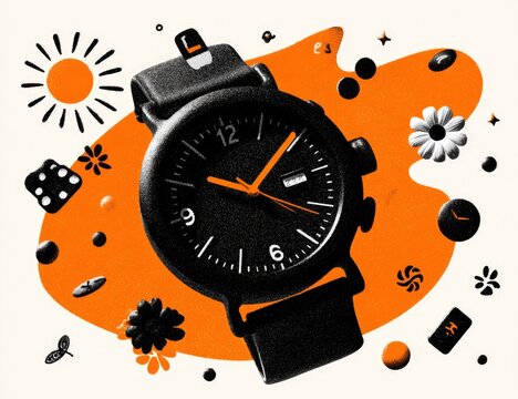 A stylized watch against an orange background with various shapes and objects floating around - Powered by Adobe
