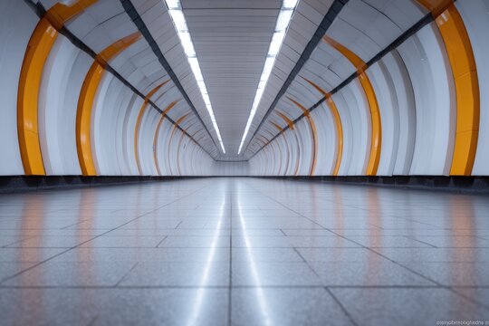 Sleek underground corridor with illuminated walls and reflective