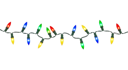 Colorful string lights glowing brightly in darkness on a black background