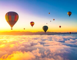 Obraz premium Colorful hot air balloons over a sea of clouds at sunrise (1)