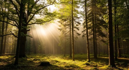 Naklejka premium Sunbeams Through Forest Trees in Early Morning.
