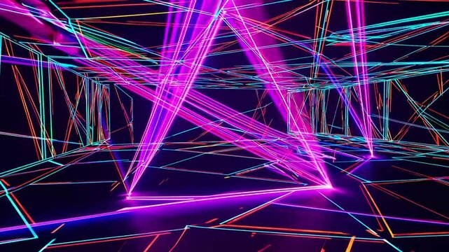 Three-Dimensional Render of Neon Lights, Laser Show, Glowing Lines, Virtual Reality, Abstract Fluorescent Background, Optical Illusion, Cubic Room, Corridor, and Night Club Interior