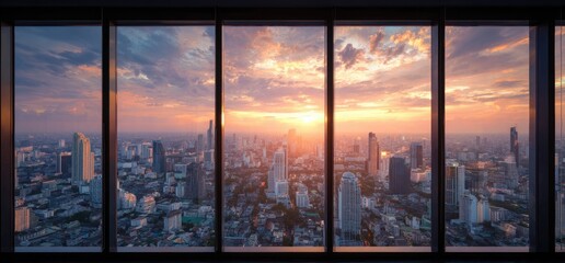 Obraz na płótnie Canvas Cityscape panorama at sunset viewed through large windows