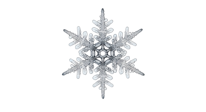 Close up of a single snowflake with intricate crystal structure