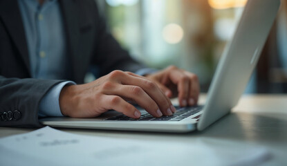 Close up of a businessman hands working on a laptop in a home office environment