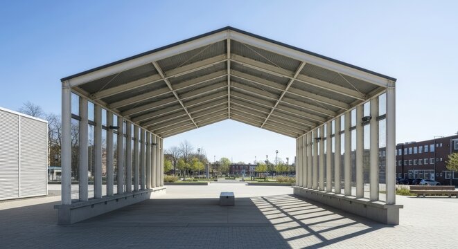 Modern pavilion structure with open sides and sunlit courtyard view