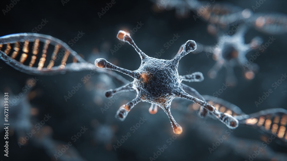Poster abstract molecular structure with connected atoms and dna strands, futuristic neurons network design