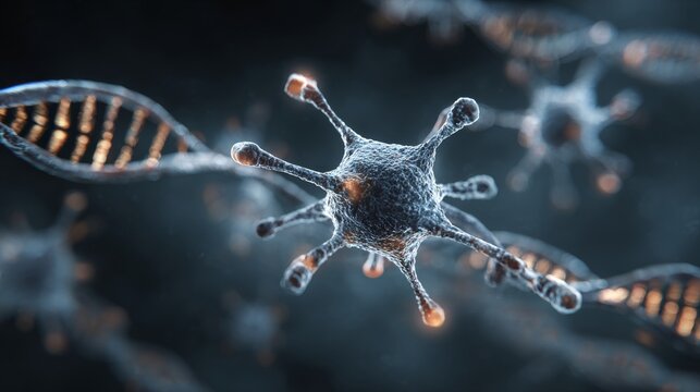 Abstract molecular structure with connected atoms and dna strands, futuristic neurons network design, digital communication concept, scientific background for biotechnology, healthcare, and medical re - Powered by Adobe