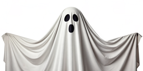 Classic Halloween Ghost Costume with White Sheet and Black Eye Cut-Outs on Transparent Background
Spooky Floating Ghost in White Sheet with Black Eyes – Halloween Costume Concept Isolated PNG