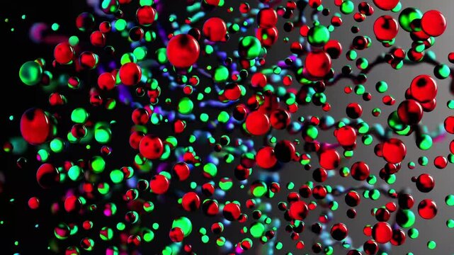 Non-Objective Design Pattern with Red and Green Speckled Motifs Evoking Viral or Cellular Structure