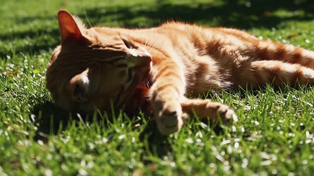 Reddish-Yellow Striped Feline Reclining on the Turf