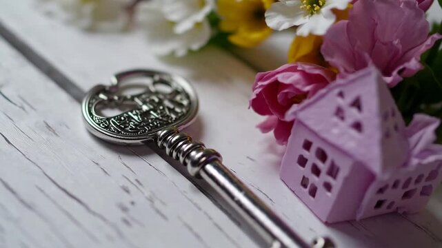 Attractive blossoming flora and metal instrument for locking accompanied by charm resembling dwelling place arranged on pale timber surface from above