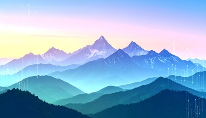 Fototapeta premium Serene panoramic view of a majestic mountain range at sunrise, depicted in a soft color palette with subtle digital elements