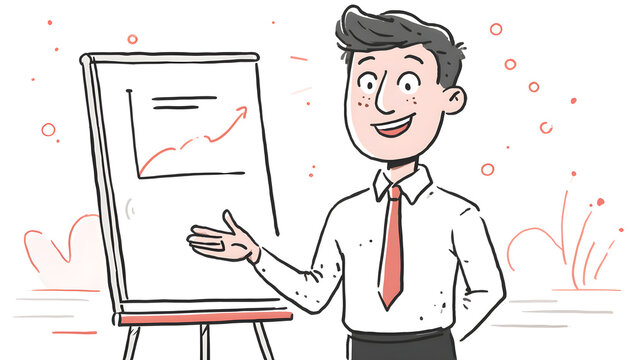 Cartoon drawing of a person in a doctor's occupation with a stethoscope and clipboard, analyzing a business graph on a whiteboard