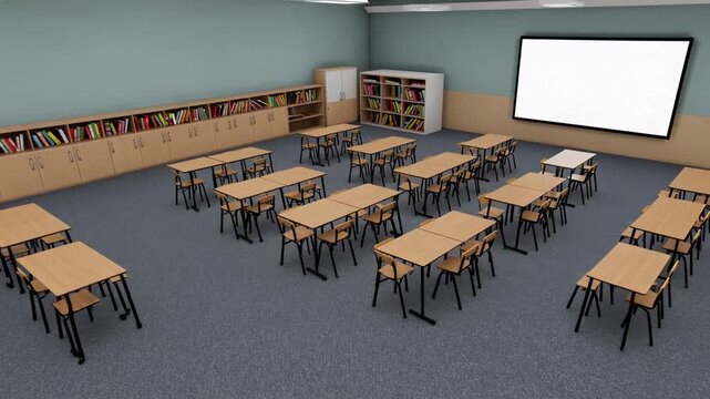 3D Rendered View of Classroom with Tables, Chairs, Panel, and School Cabinet