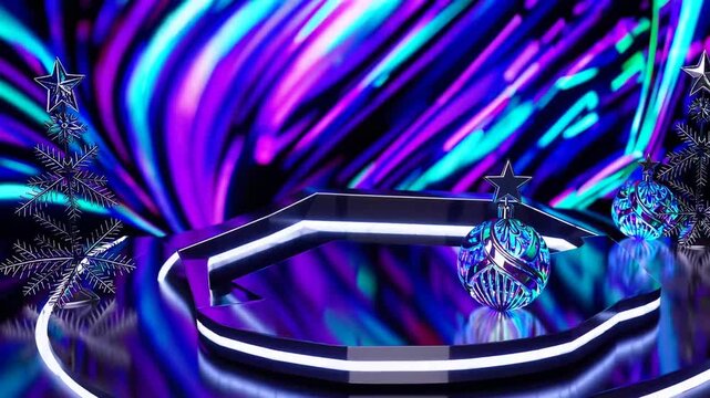 New Year 2026 Christmas Ornaments with Podium, Platform, and Neon Lighting Background in Digitally Generated