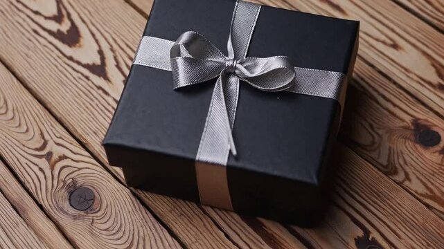 present container enveloped in dark-hued paper with cord on board present container enveloped in dark-hued paper with silvery cord on wooden surface