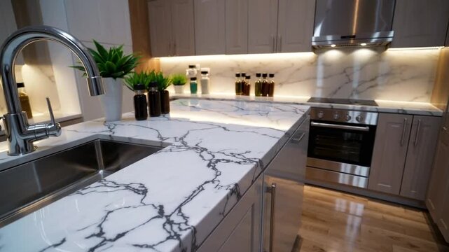 Opulent culinary space centerpiece crafted from pale veined stone incorporating basin and condiment vessels