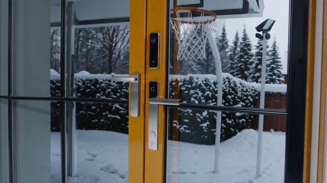 contemporary transparent entrance with electronic locking mechanism and surveillance device on golden-hued wooden structure mirroring snow-covered yard and basketball goal Sweden