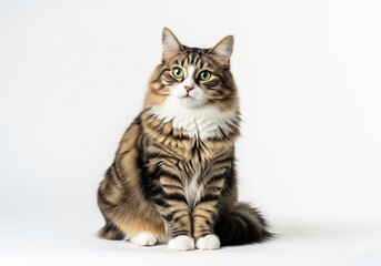 Obraz premium Adorable Longhair Tabby Cat Sitting Green Eyes Fluffy Fur White Background