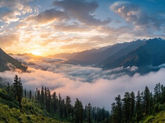 Obraz premium Sunrise over Himalayan valley shrouded in clouds