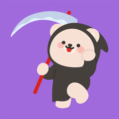 Smiling Bear in Grim Reaper Costume Walking with Scythe