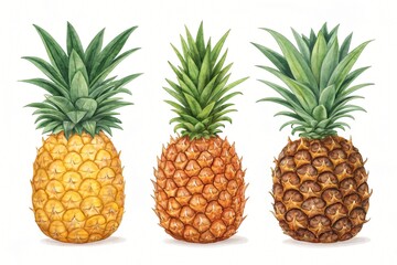 Watercolor Painting of Three Ripe Pineapples Yellow Orange and Brown Isolated on White Background