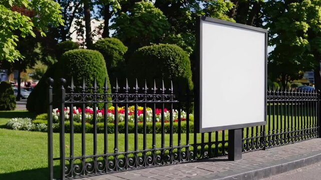 unadorned and vacant outdoor advertising structure positioned within the confines of publicly accessible green area surrounded by barrier, intended for promotional use