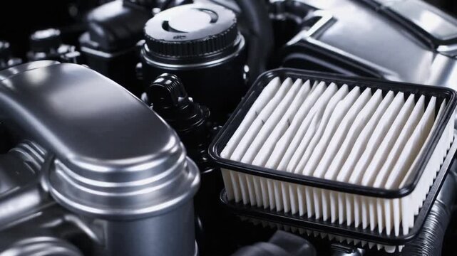 automobile air filter and engine oil filter placed on engine cover within the engine compartment