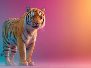 Majestic tiger stands confidently against vibrant colorful backdrop in a serene setting