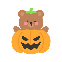 Cute Brown Bear Emerging from Inside Jack O Lantern Pumpkin Halloween