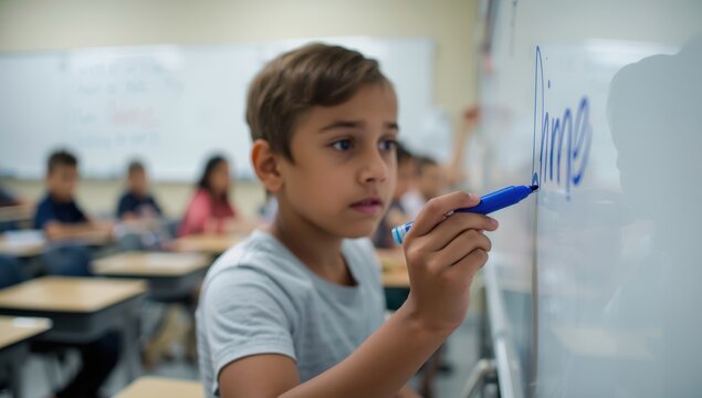 Focused student writes bold name on whiteboard in softly lit classroom