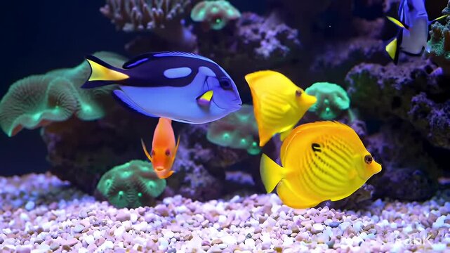 Colorful Tropical Fish Swimming Slowly Over Pebbles and Coral in Clear Aquarium