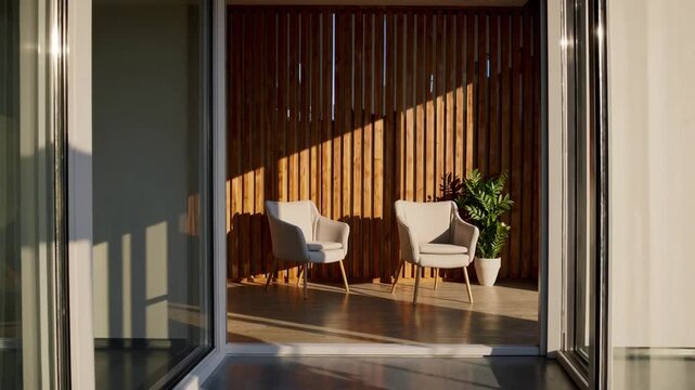 exterior extension of contemporary residential dwelling unit featuring comfortable seating furniture, timber cladding, and potted vegetation illuminated by sunlight, computer-generated ry